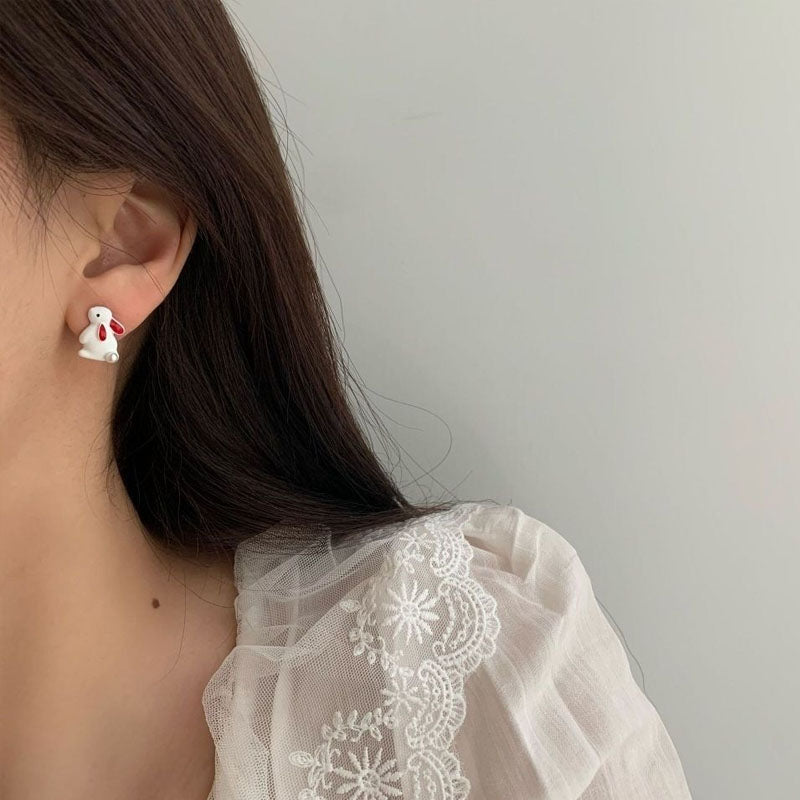 Cute Little White Rabbit Asymmetrical Earrings for Girls