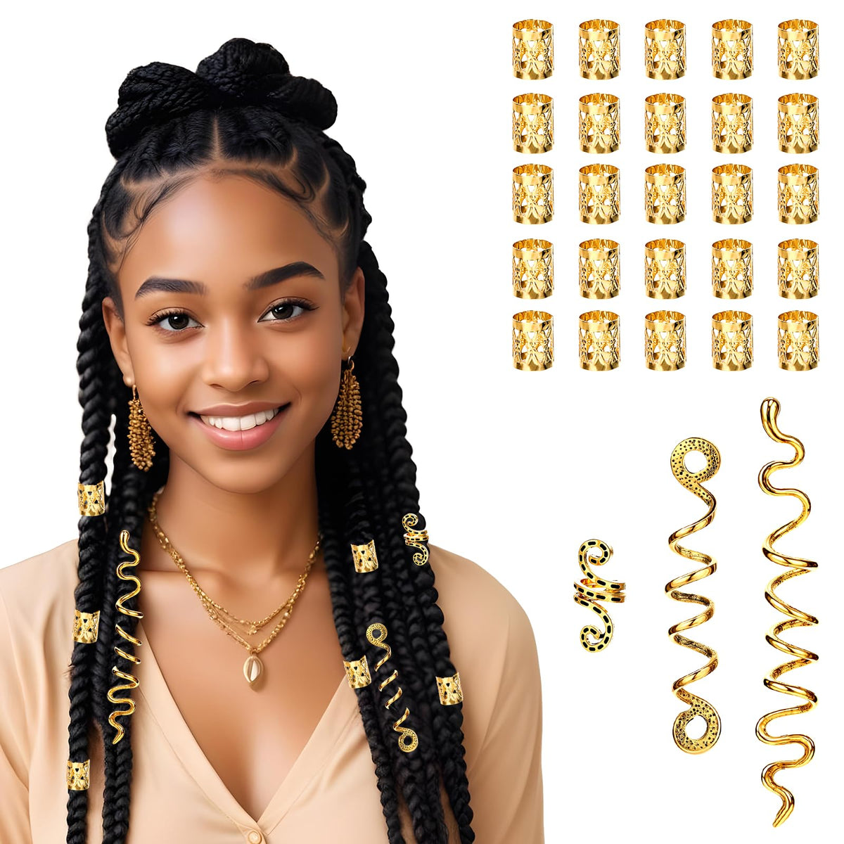 Gold Braid Hair Beads and Clips, 28-Piece Set