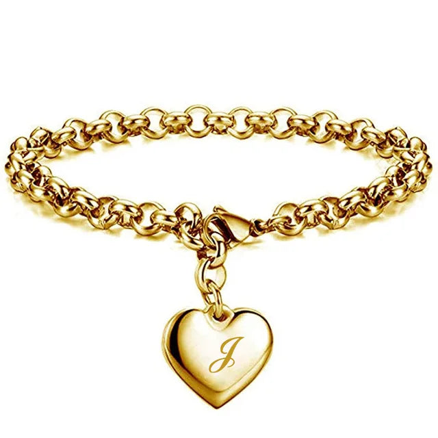 Gold Initial Heart Charm Bracelet