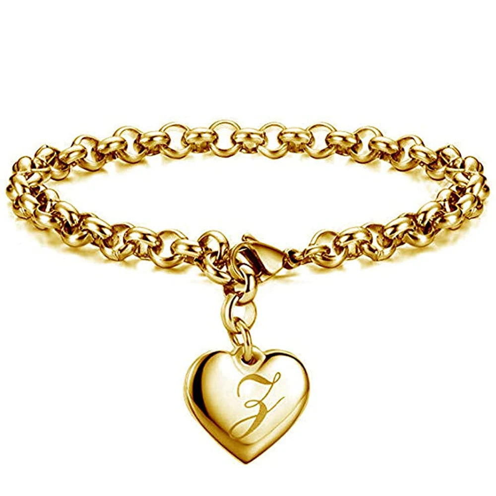 Gold Initial Heart Charm Bracelet