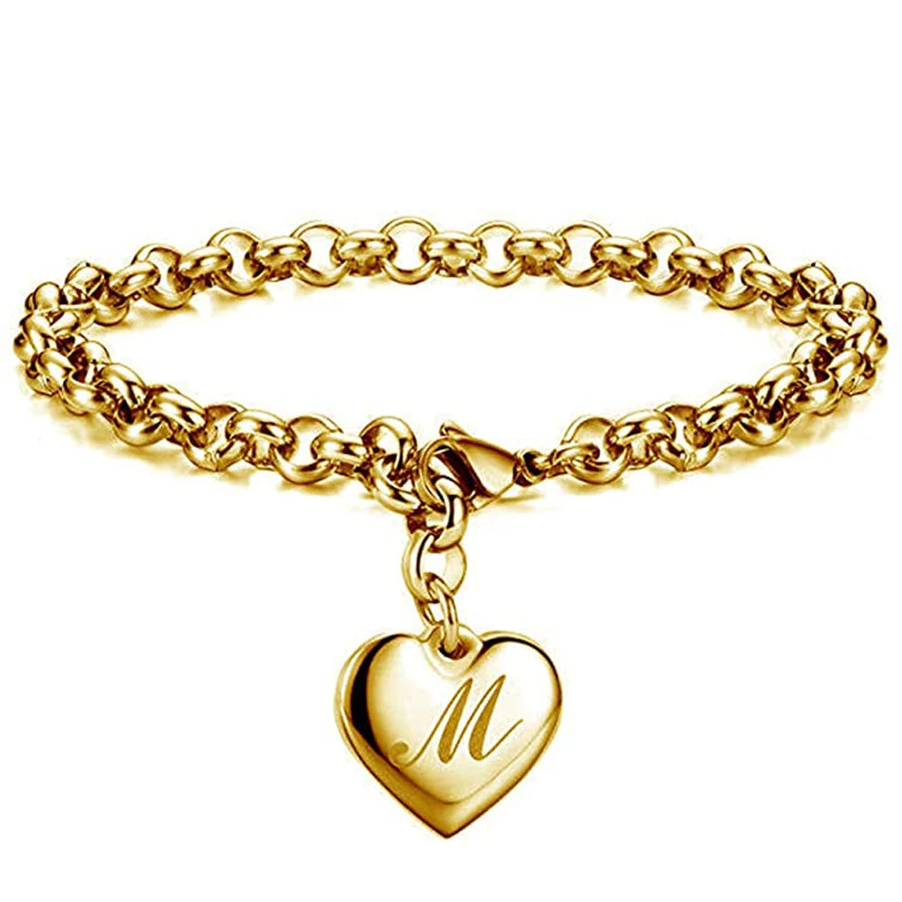 Gold Initial Heart Charm Bracelet