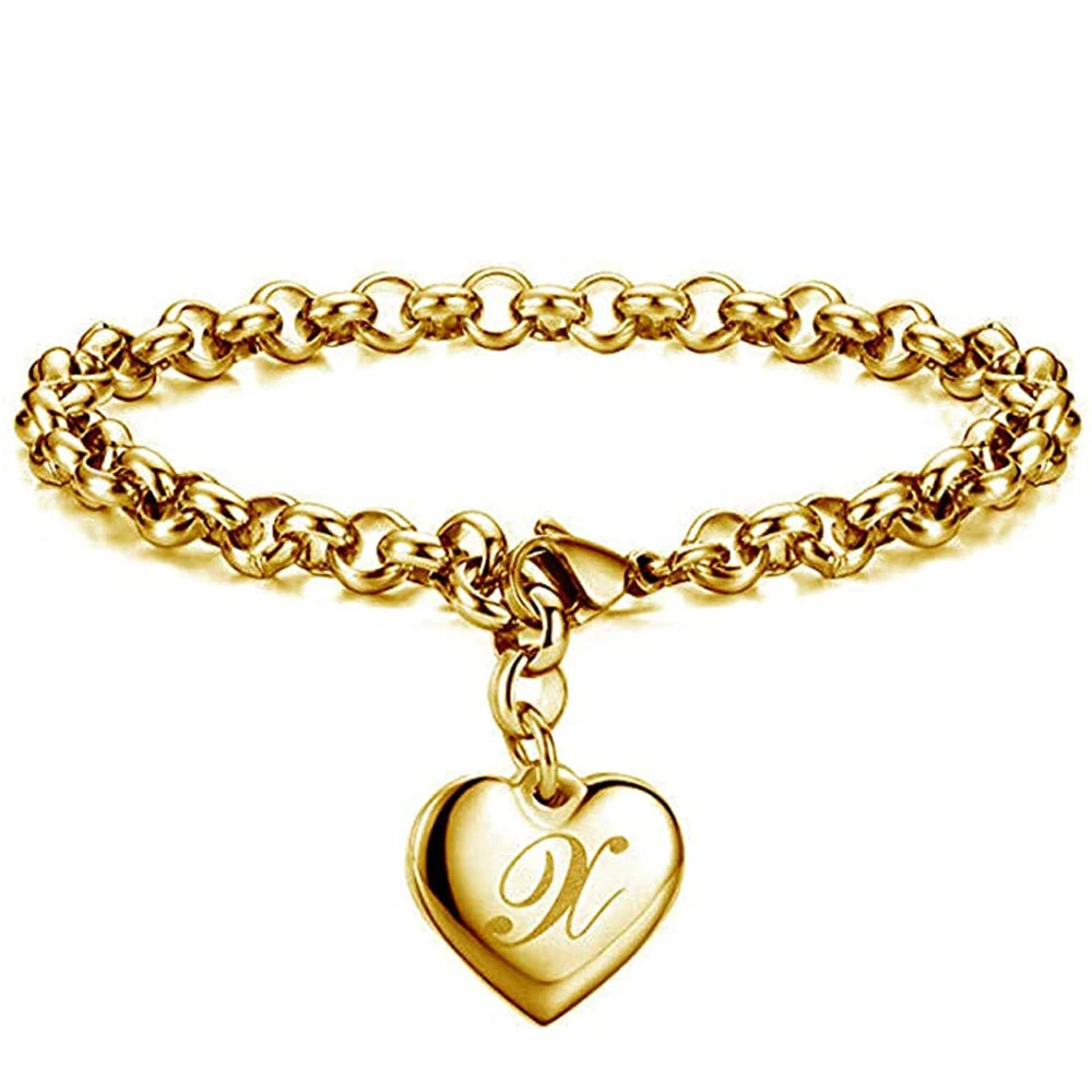 Gold Initial Heart Charm Bracelet