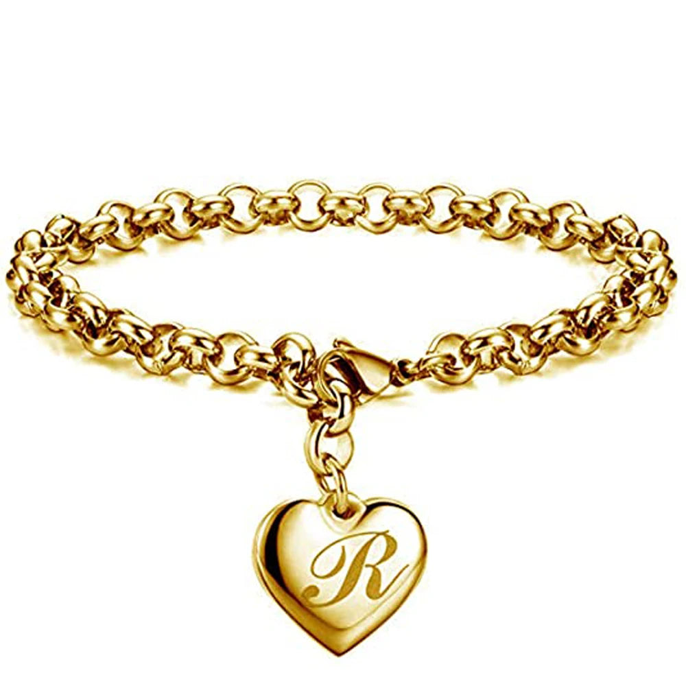 Gold Initial Heart Charm Bracelet