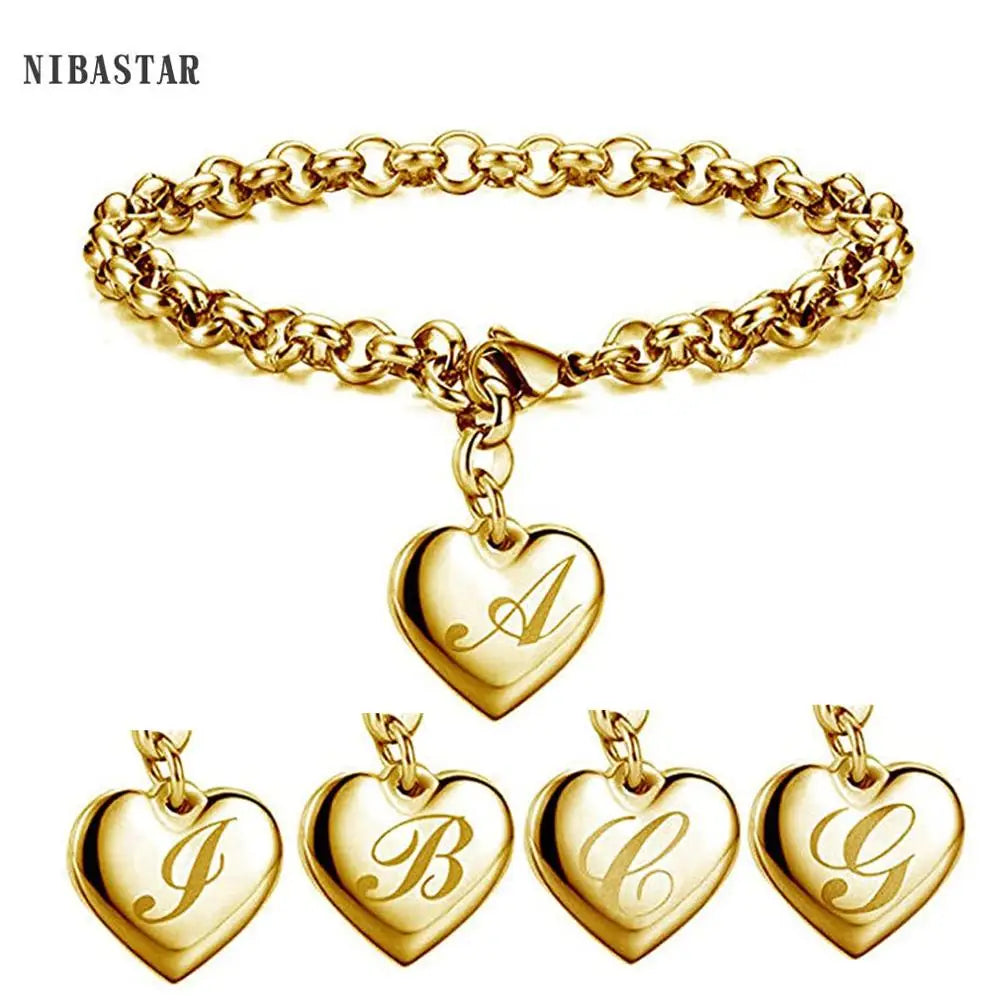 Gold Heart Charm Bracelet - Stainless Steel