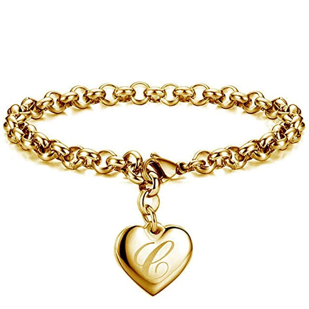 Gold Initial Heart Charm Bracelet