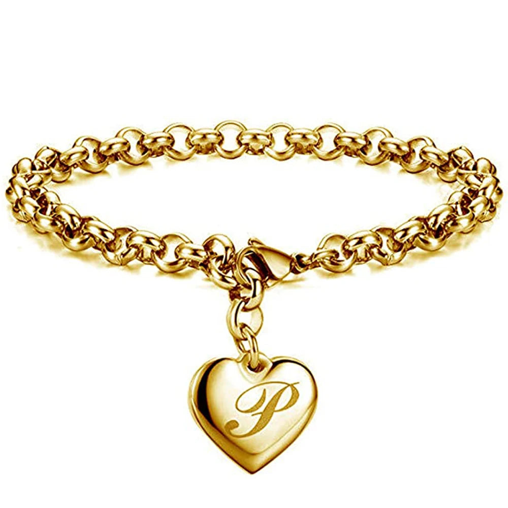 Gold Initial Heart Charm Bracelet