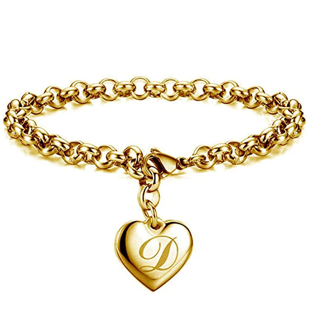 Gold Initial Heart Charm Bracelet