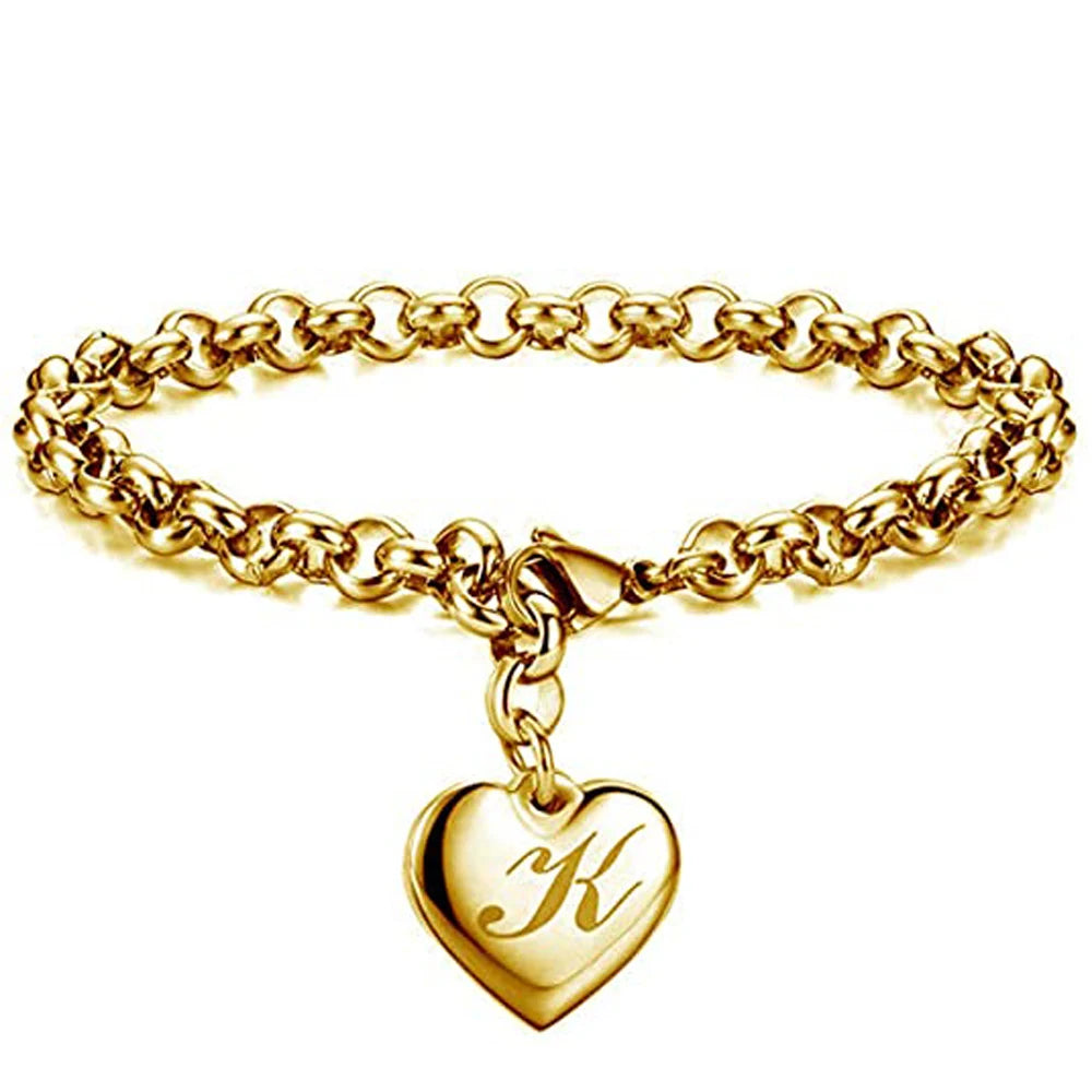 Gold Initial Heart Charm Bracelet