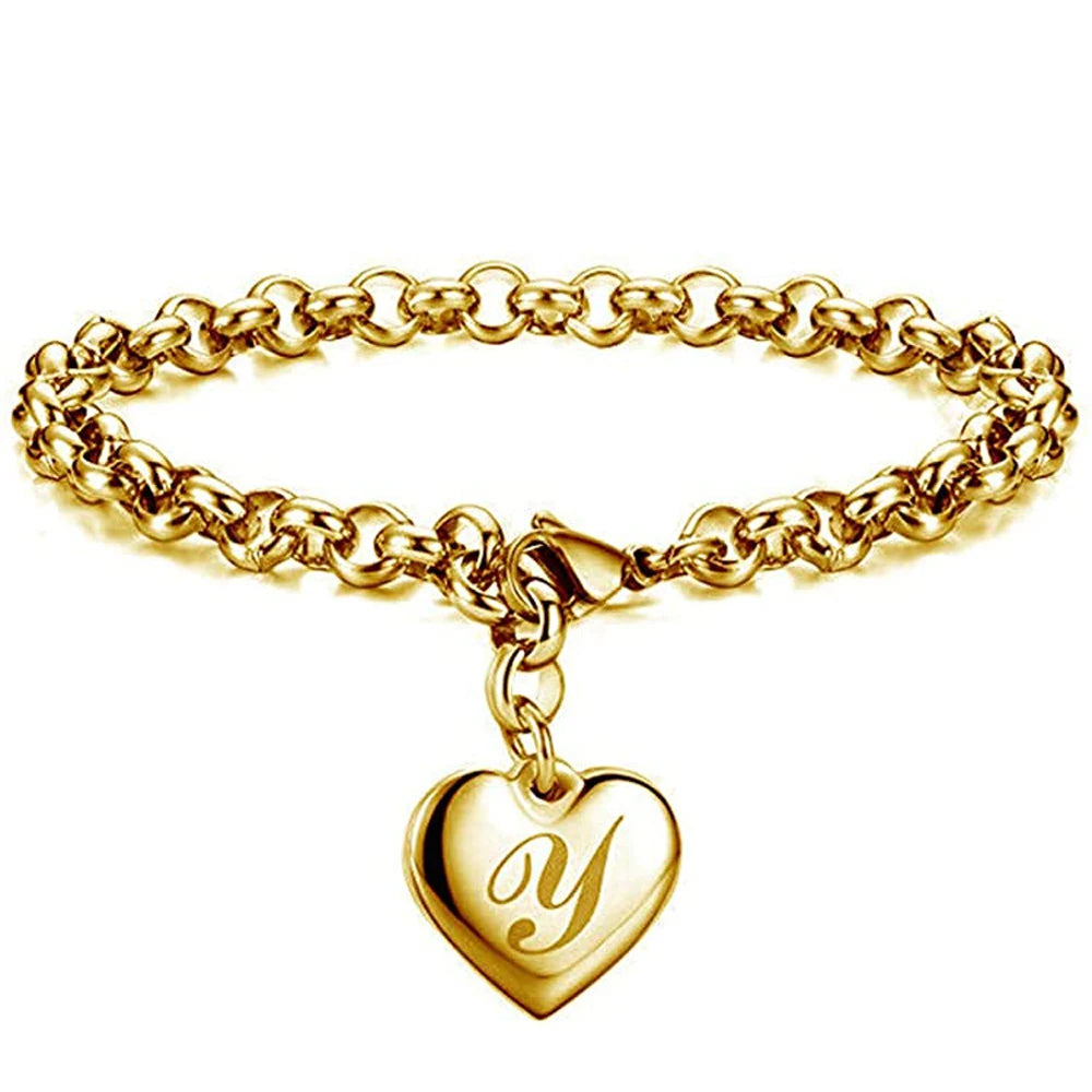 Gold Heart Charm Bracelet - Stainless Steel
