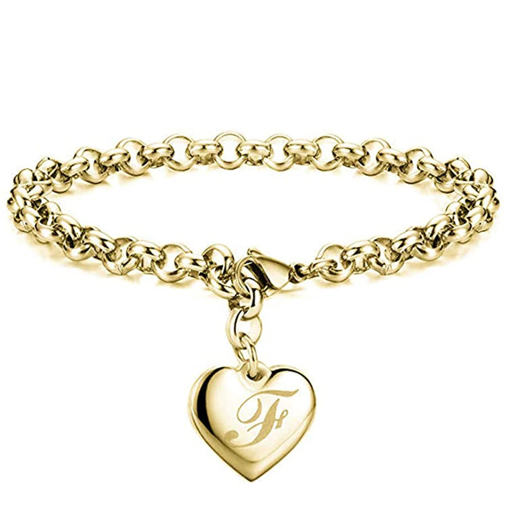 Gold Initial Heart Charm Bracelet