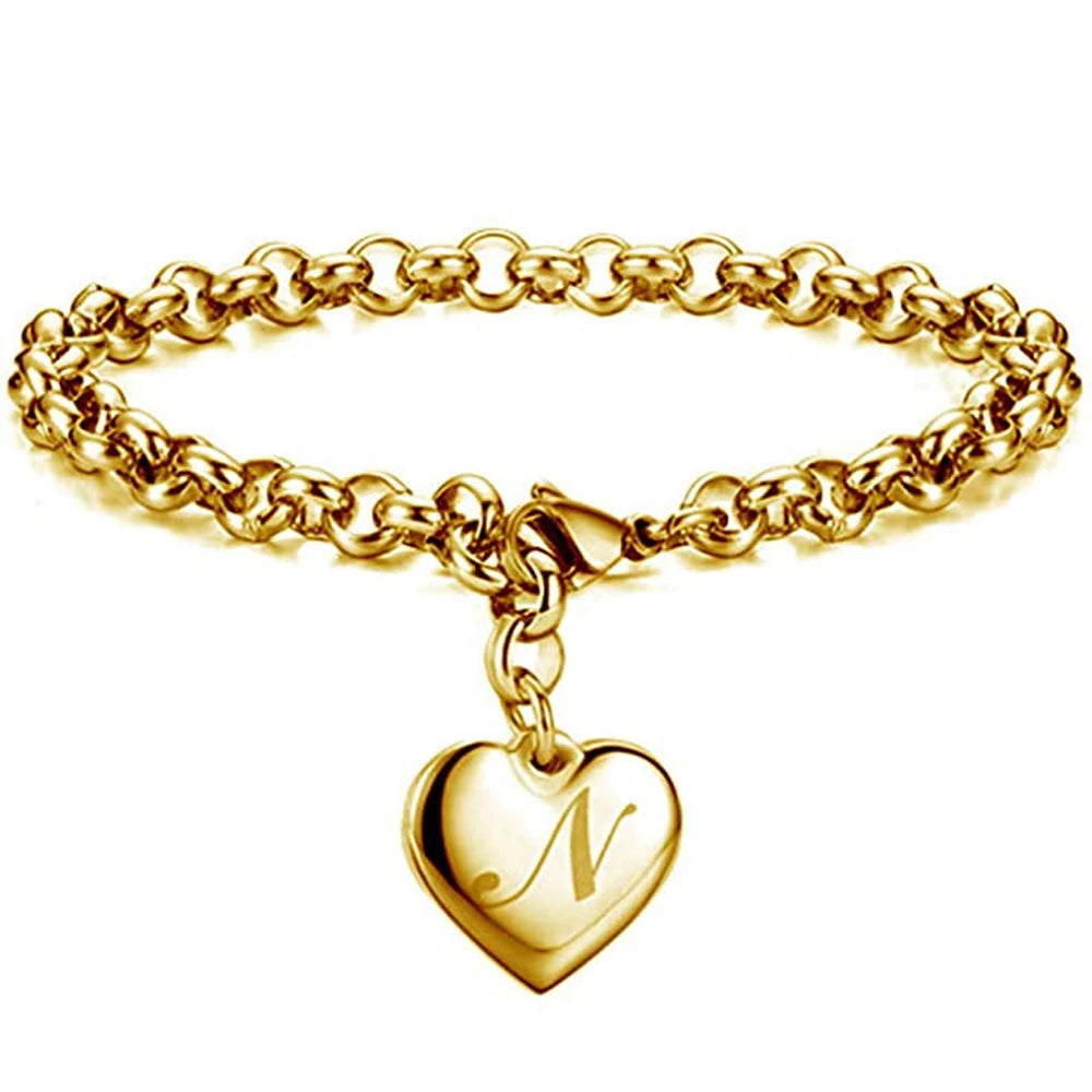 Gold Initial Heart Charm Bracelet