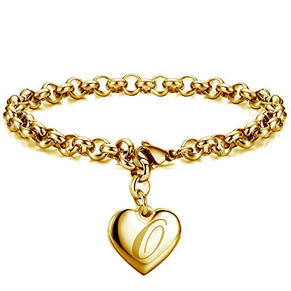 Gold Initial Heart Charm Bracelet