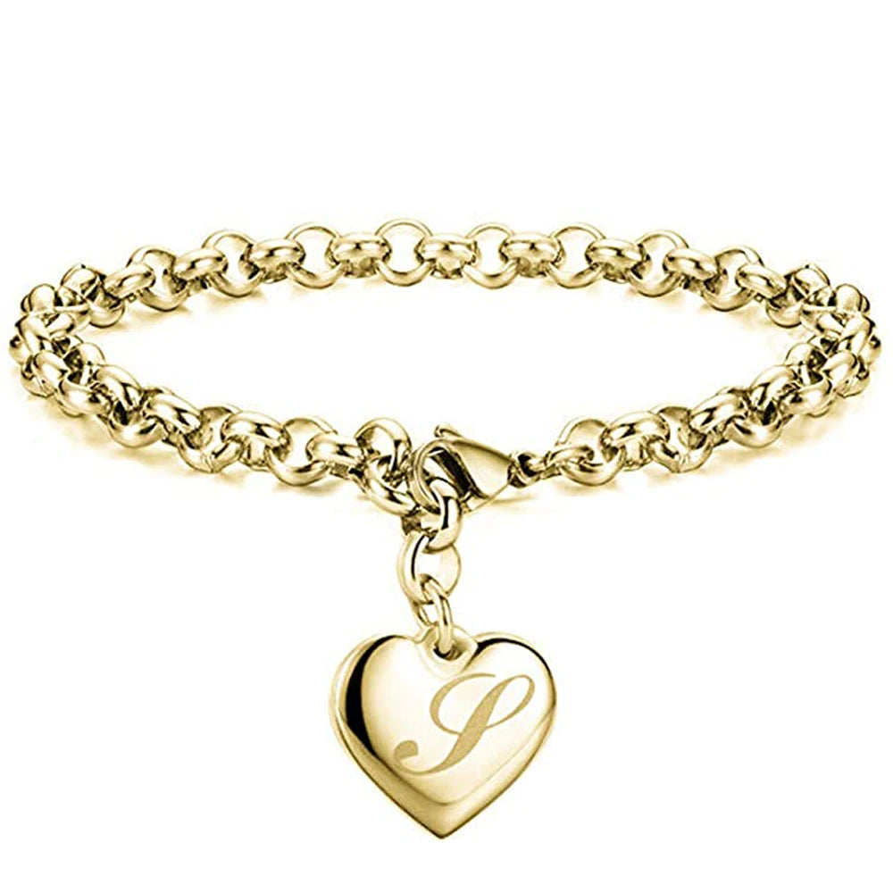 Gold Initial Heart Charm Bracelet