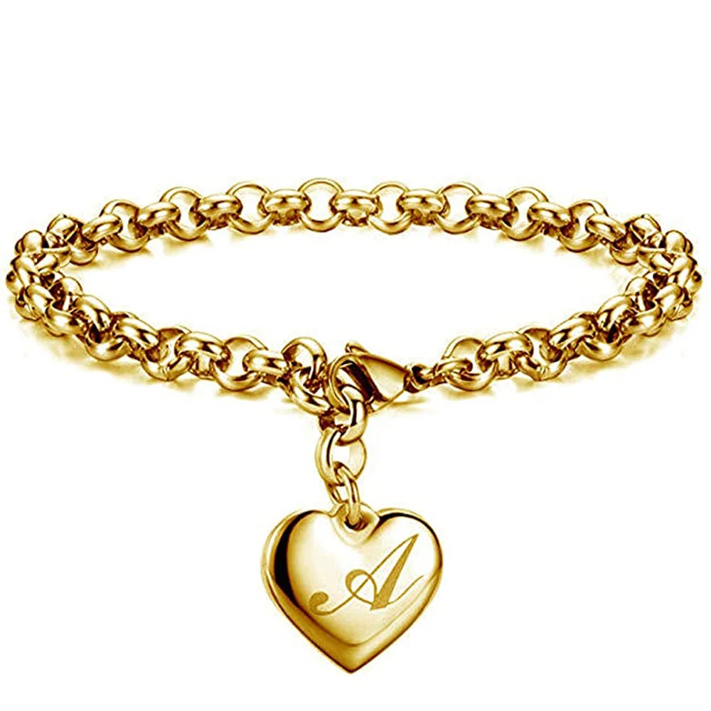 Gold Initial Heart Charm Bracelet