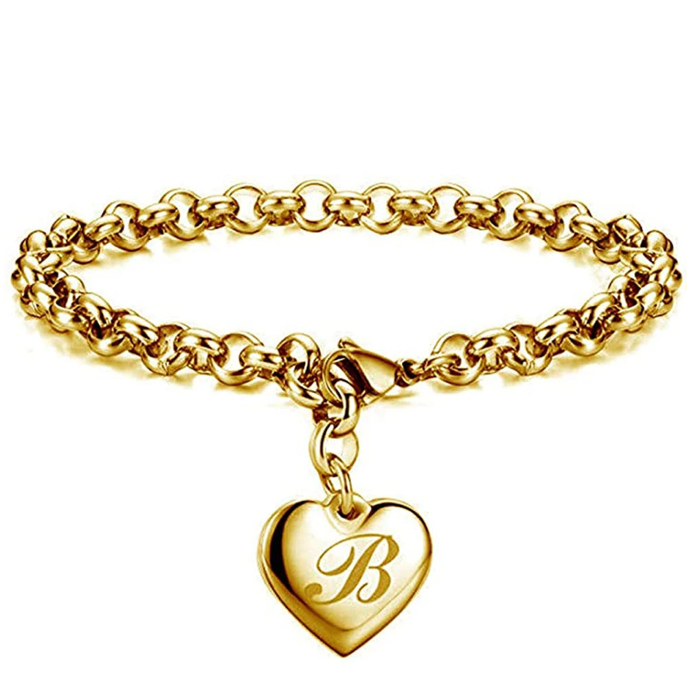 Gold Initial Heart Charm Bracelet