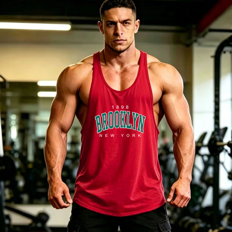Summer Men's Vest Thin Strap Sports European and American Bodybuilding Fitness T-shirt Printed logo Waistle I-Shoulder Loose Men