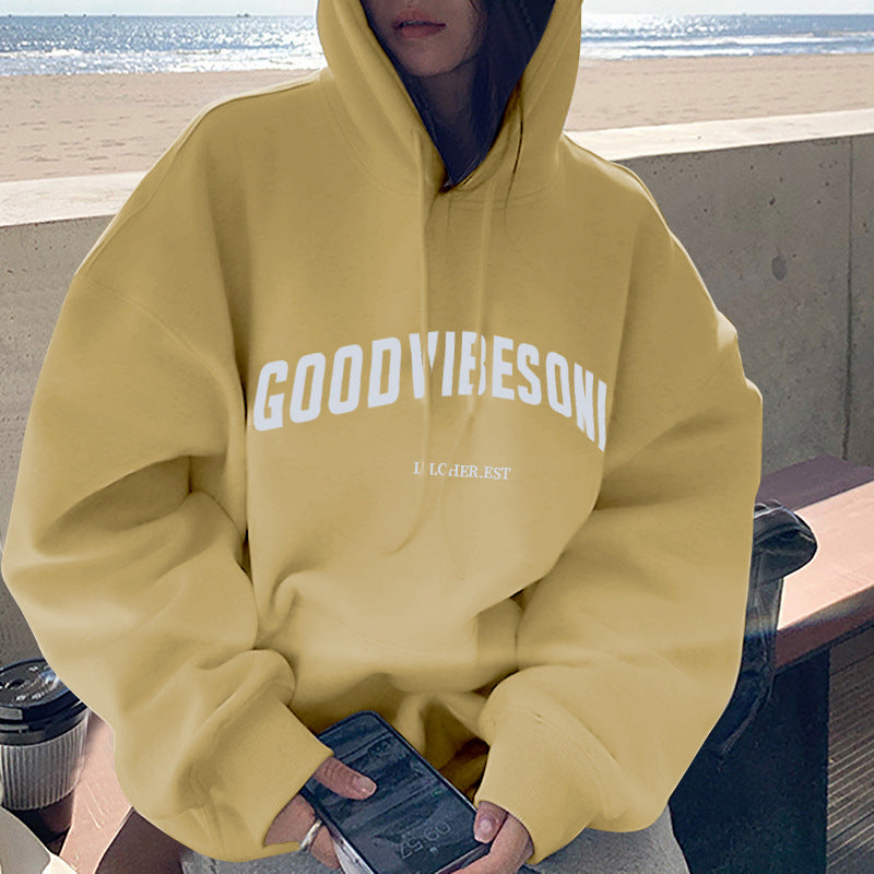Fleece-lined hooded sweater women's autumn and winter New loose letter print Korean style fashionable student coat long sleeve top fashion