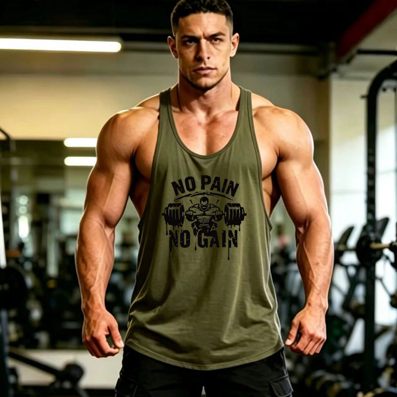 Summer Men's Vest Thin Strap Sports European and American Bodybuilding Fitness T-shirt Printed logo Waistle I-Shoulder Loose Men