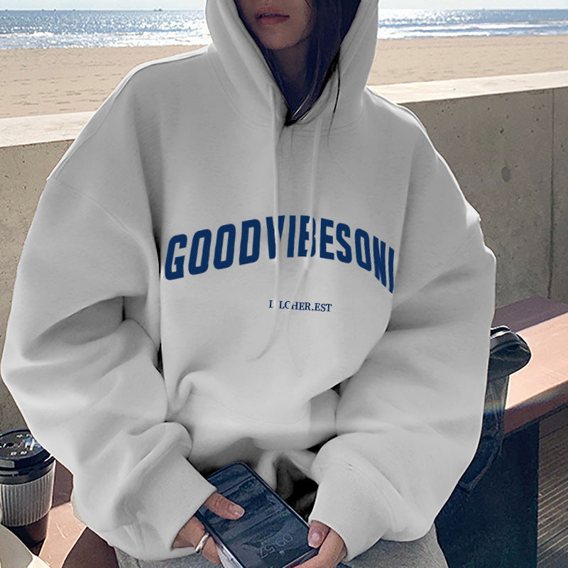 Fleece-lined hooded sweater women's autumn and winter New loose letter print Korean style fashionable student coat long sleeve top fashion