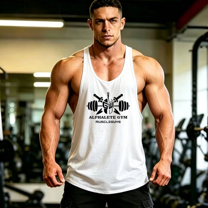 Summer Men's Vest Thin Strap Sports European and American Bodybuilding Fitness T-shirt Printed logo Waistle I-Shoulder Loose Men