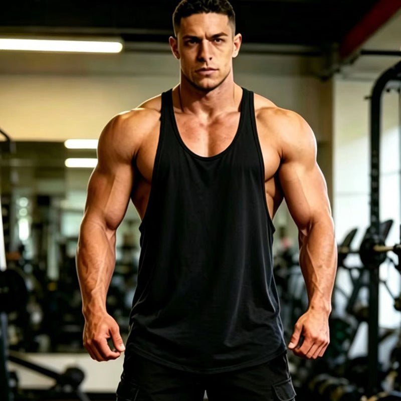Summer Men's Vest Thin Strap Sports European and American Bodybuilding Fitness T-shirt Printed logo Waistle I-Shoulder Loose Men