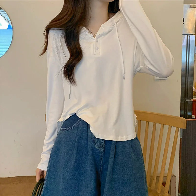 Women's Drawstring Button Hoodie
