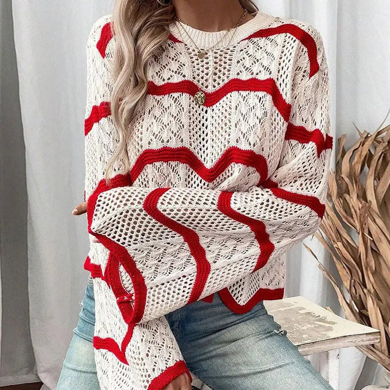 Wave-Pattern Wide-Sleeve Pullover Sweater
