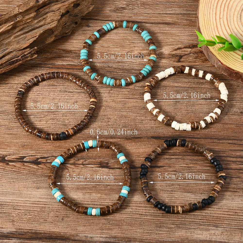 5-piece Bohemian Coconut Shell Beaded Elastic Thread Bracelet - Unisex - The Best Gift to Give