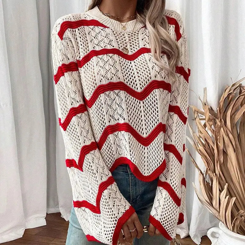 Wave-Pattern Wide-Sleeve Pullover Sweater