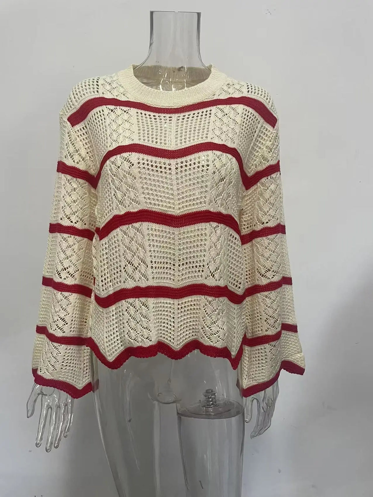 Wave-Pattern Wide-Sleeve Pullover Sweater