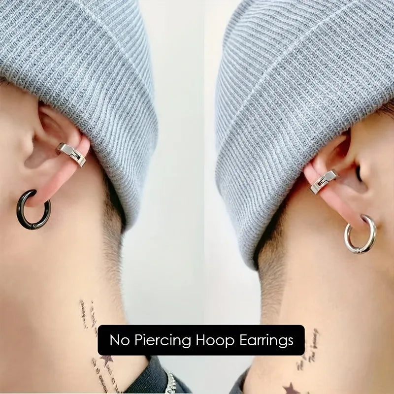 Punk Style 8-Piece Stainless Steel Ear Clip Set - Chic Circle Ear Cuffs, No Piercing Needed, Trendy Jewelry Gift