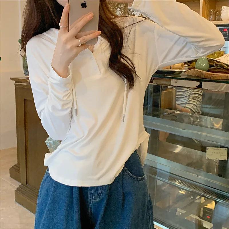 Women's Drawstring Button Hoodie