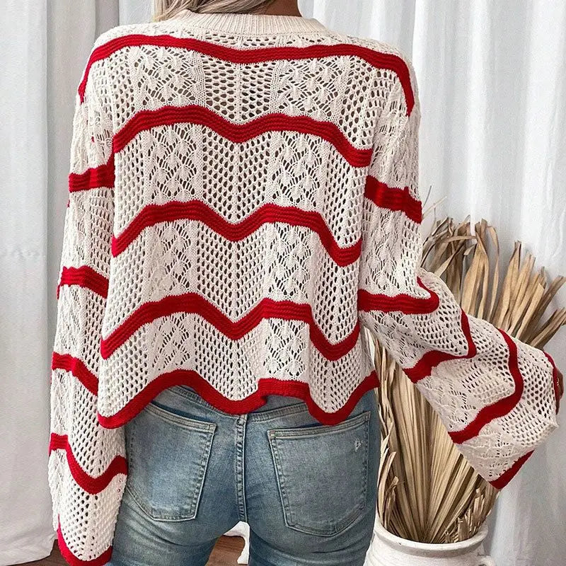 Wave-Pattern Wide-Sleeve Pullover Sweater