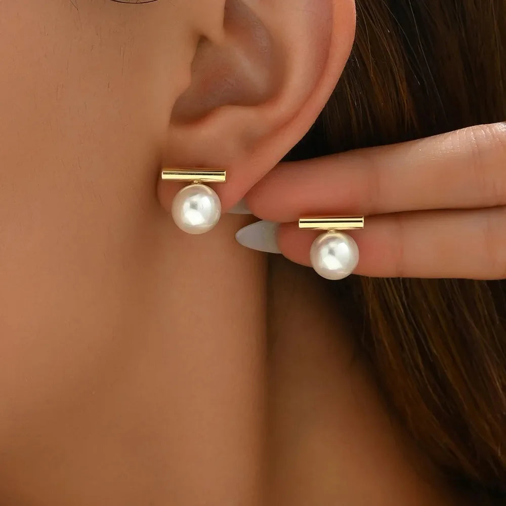 Gold-Tone Faux Pearl Bar Earrings