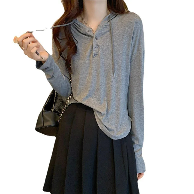 Women's Drawstring Button Hoodie