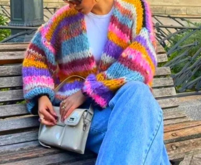 Women's Colorful Striped Knit Cardigan
