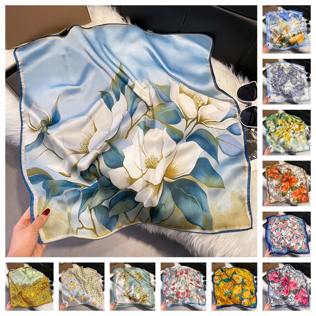 Satin Floral Hair Scarf 70cm