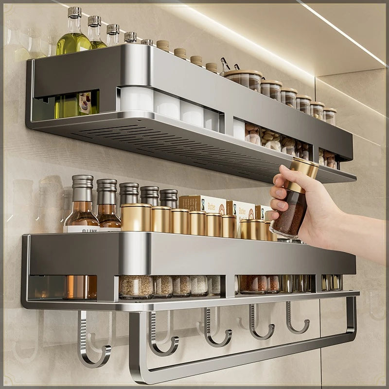 Carbon Steel Wall-Mounted Spice Rack with Hooks