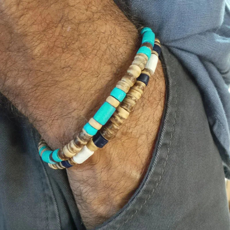 Mens beaded bracelet. Mens turquoise bracelet. Surfer style bracelet. Mens stacking bracelet