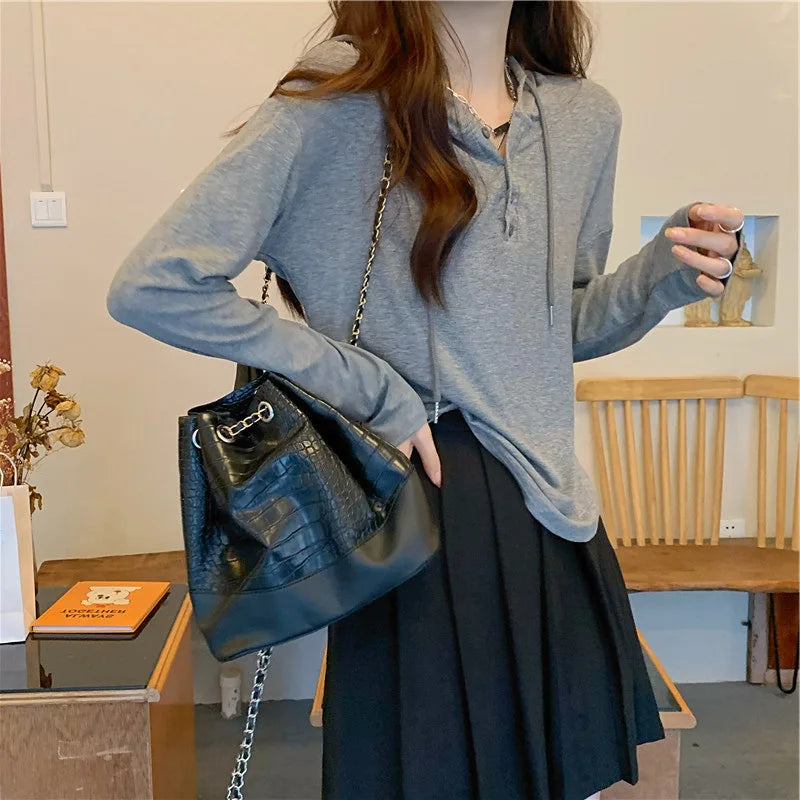 Women's Drawstring Button Hoodie