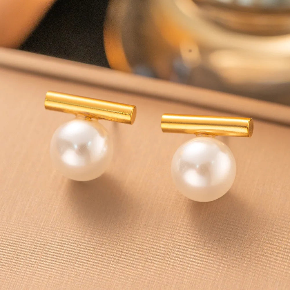 Gold-Tone Faux Pearl Bar Earrings