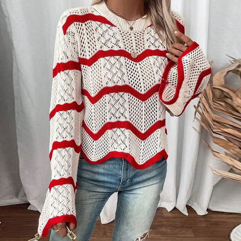 Wave-Pattern Wide-Sleeve Pullover Sweater