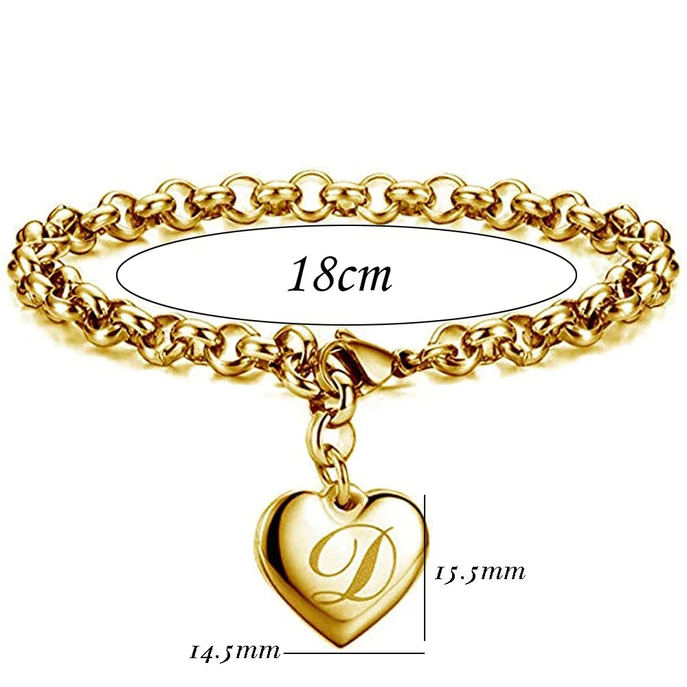 Gold Heart Charm Bracelet - Stainless Steel