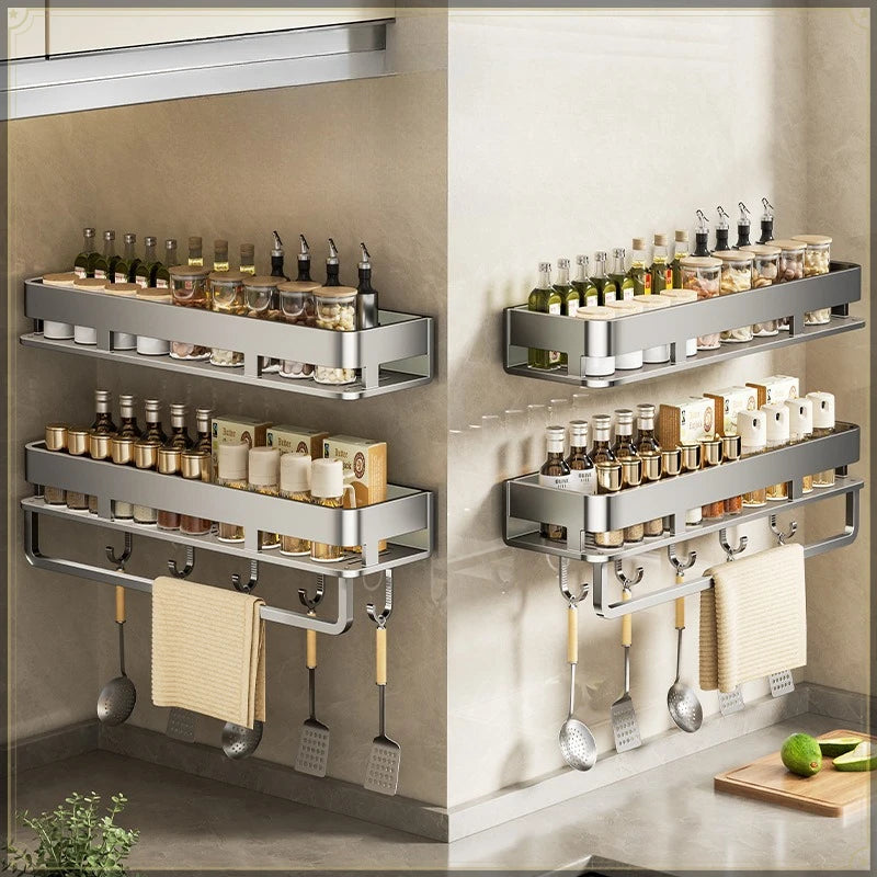 Carbon Steel Wall-Mounted Spice Rack with Hooks