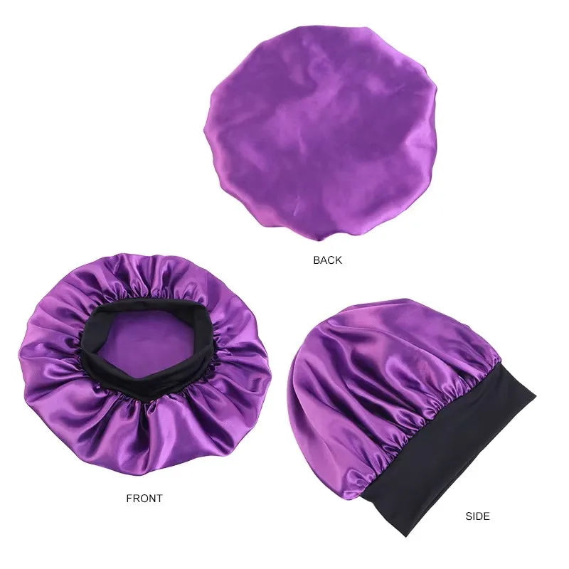 Women's Satin Solid Bonnets Wide-brimmed Night Sleeping Bathing Hat Unisex Head Wrap Elastic Band Cap Hair Care Bonnet