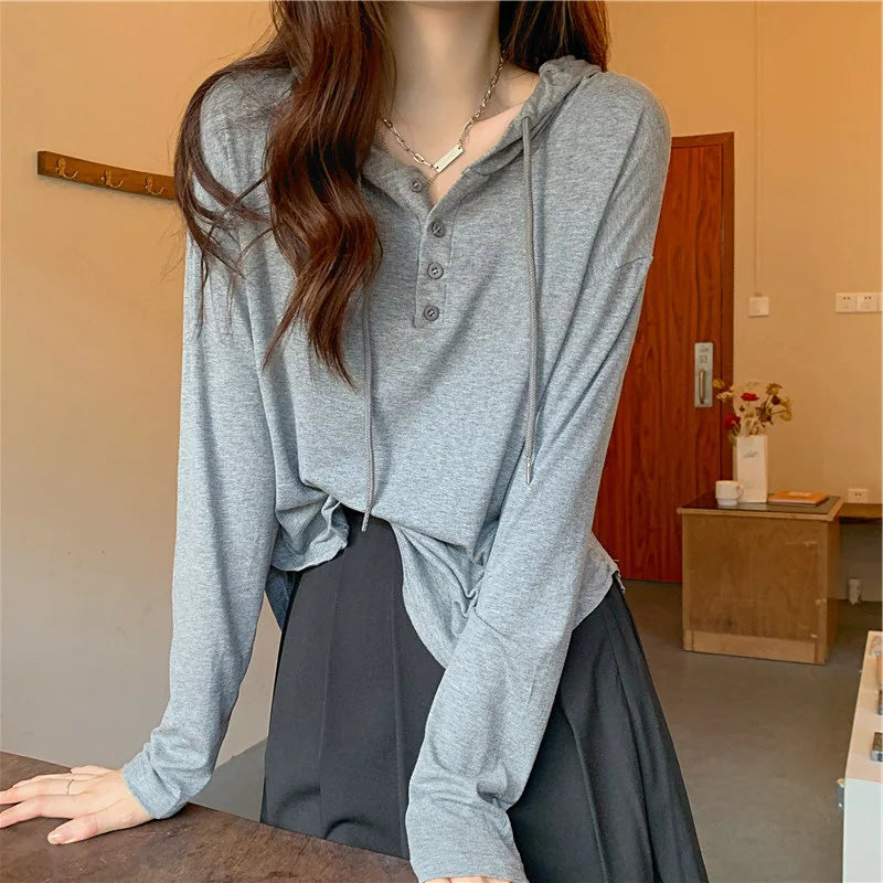 Women's Drawstring Button Hoodie
