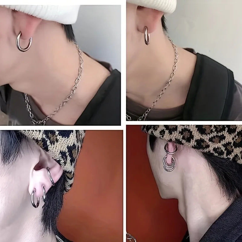 Punk Style 8-Piece Stainless Steel Ear Clip Set - Chic Circle Ear Cuffs, No Piercing Needed, Trendy Jewelry Gift