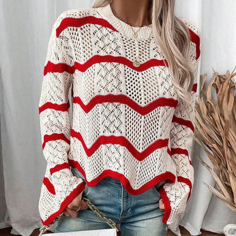 Wave-Pattern Wide-Sleeve Pullover Sweater