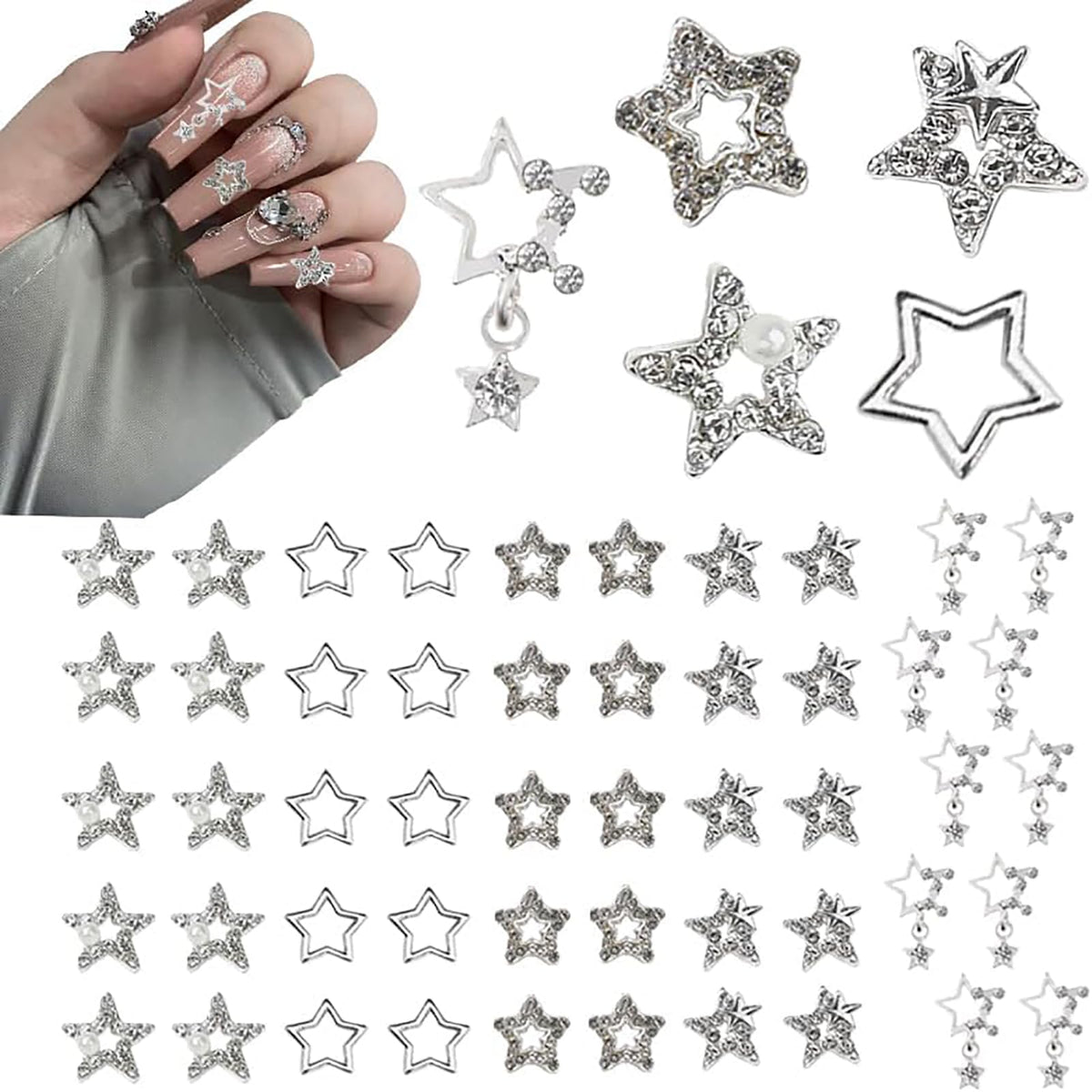 3D Silver Star Nail Charms, 50-Pack