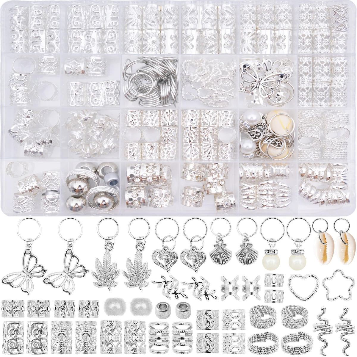 Silver Hair Beads and Braid Charms, 236-Piece Set
